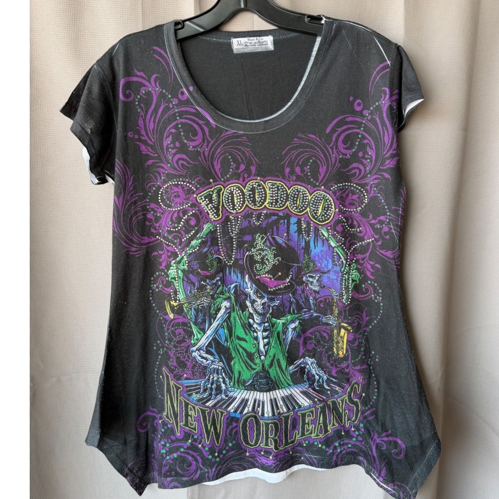Maxi & Co Voodoo New Orleans Graphic‎ Tee Black Rhinestone Skeleton Womens XL